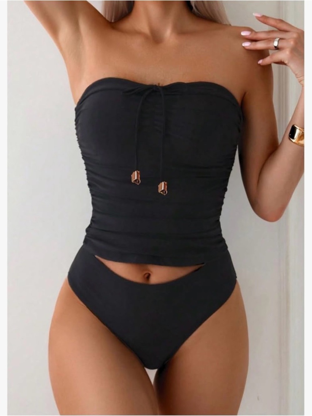 Strapless Black Ruched Two-Piece Swim Set